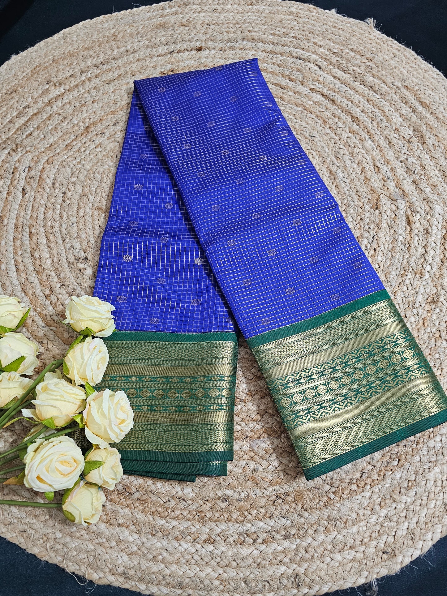 Blue and green check Kanchipuram saree