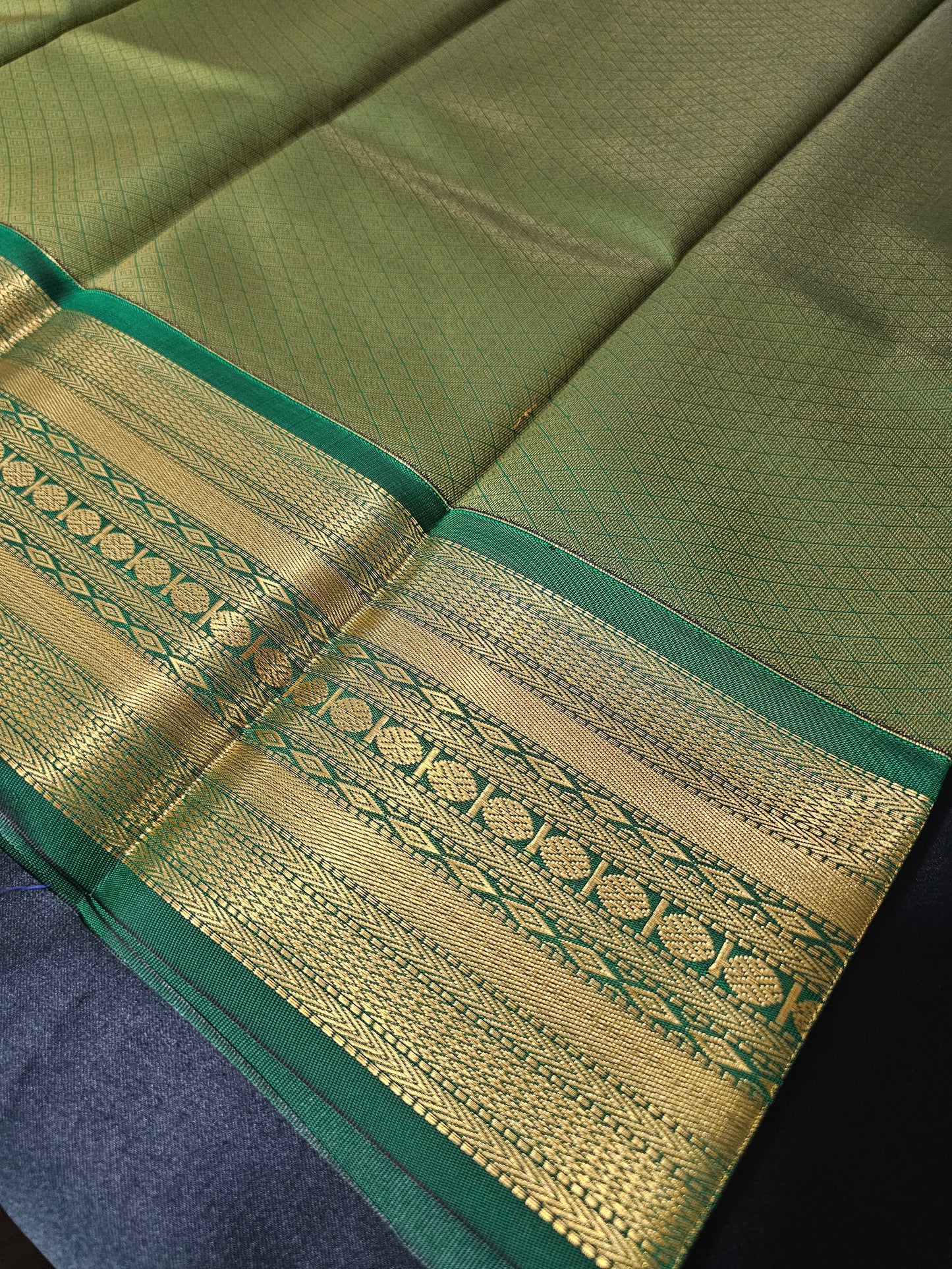 Blue and green check Kanchipuram saree