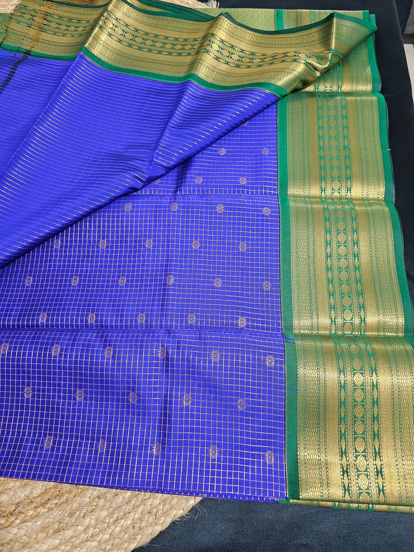 Blue and green check Kanchipuram saree