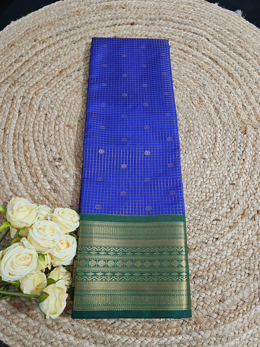 Blue and green check Kanchipuram saree