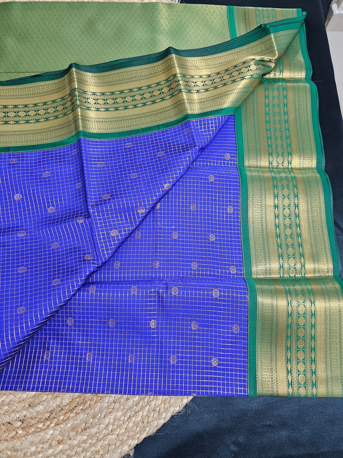 Blue and green check Kanchipuram saree