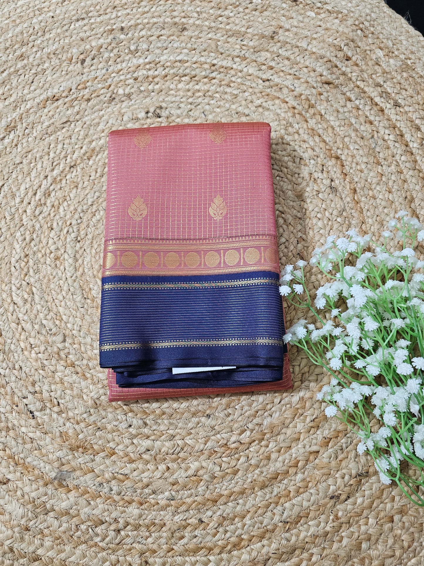 Peach and blue check saree