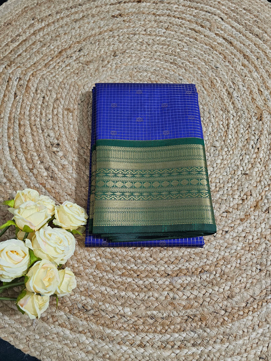 Blue and green check Kanchipuram saree