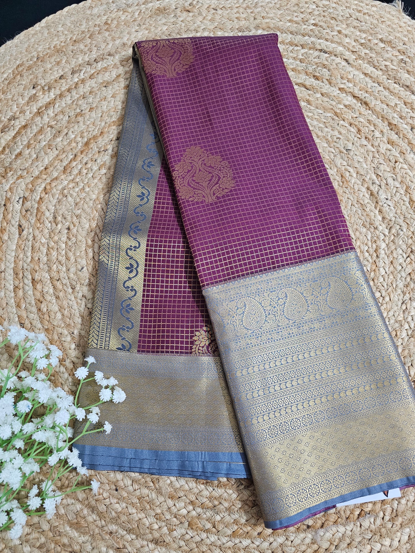 Maroon and grey check saree