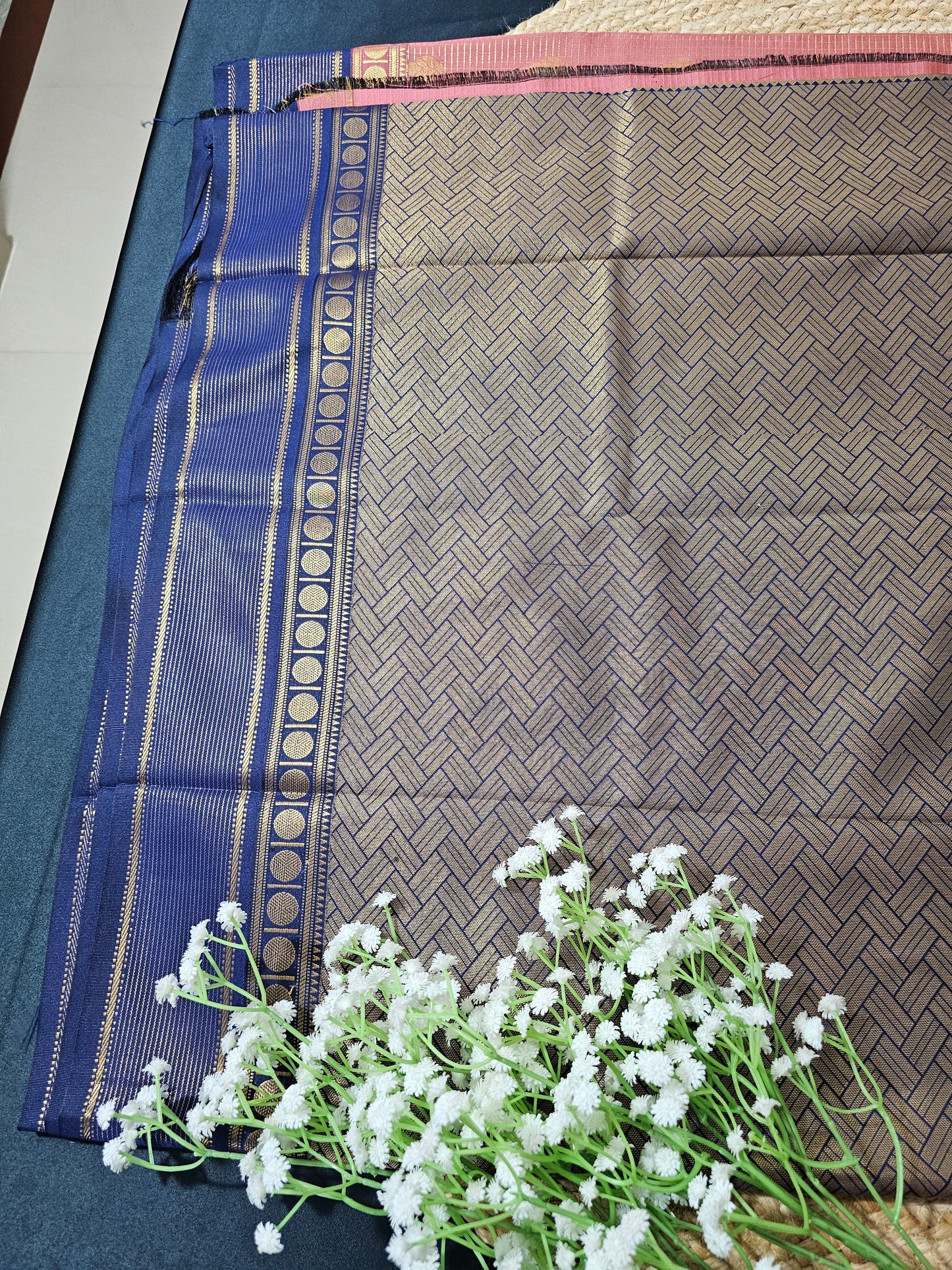 Peach and blue check saree