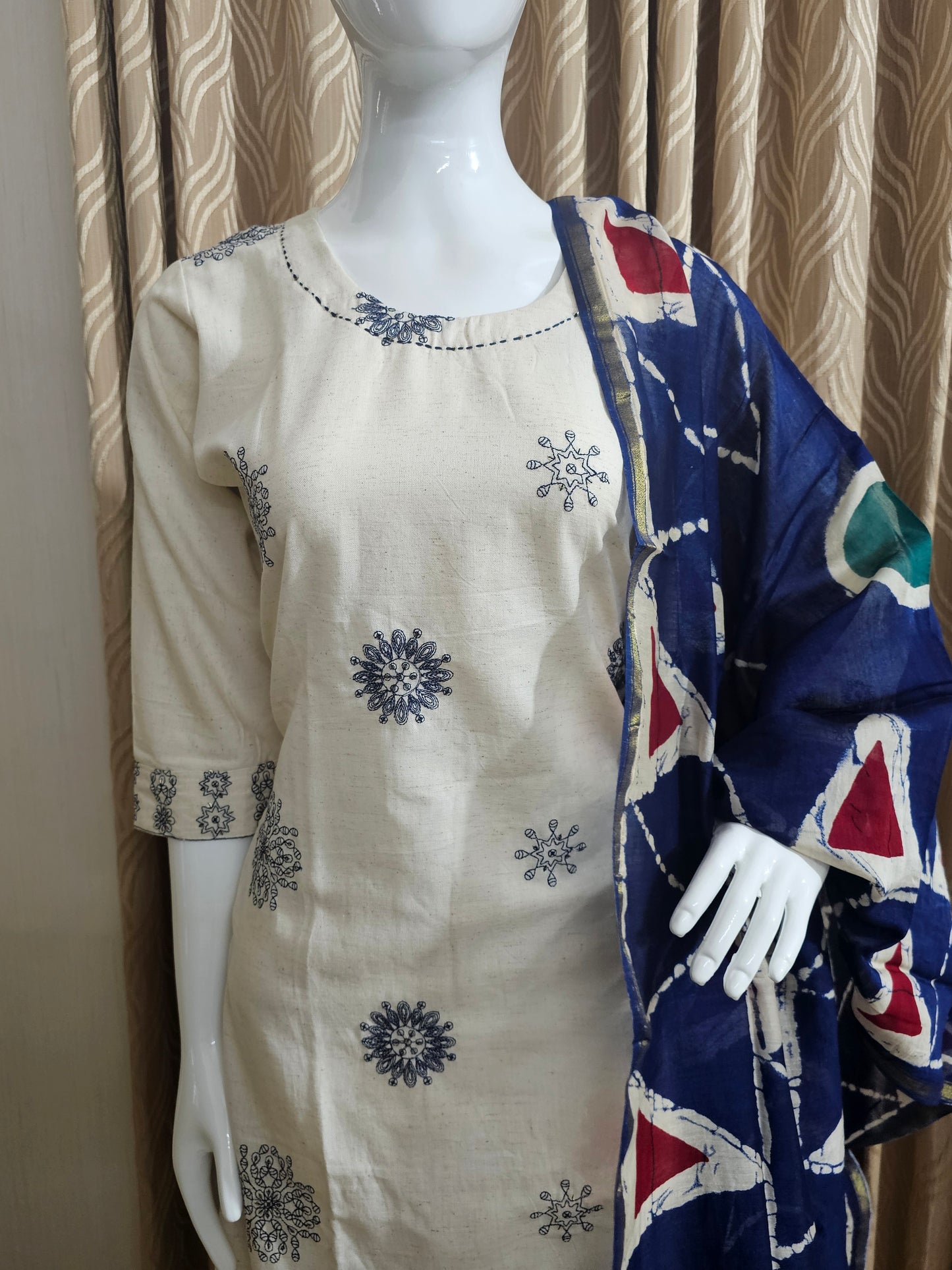 Off white and blue churidhar set