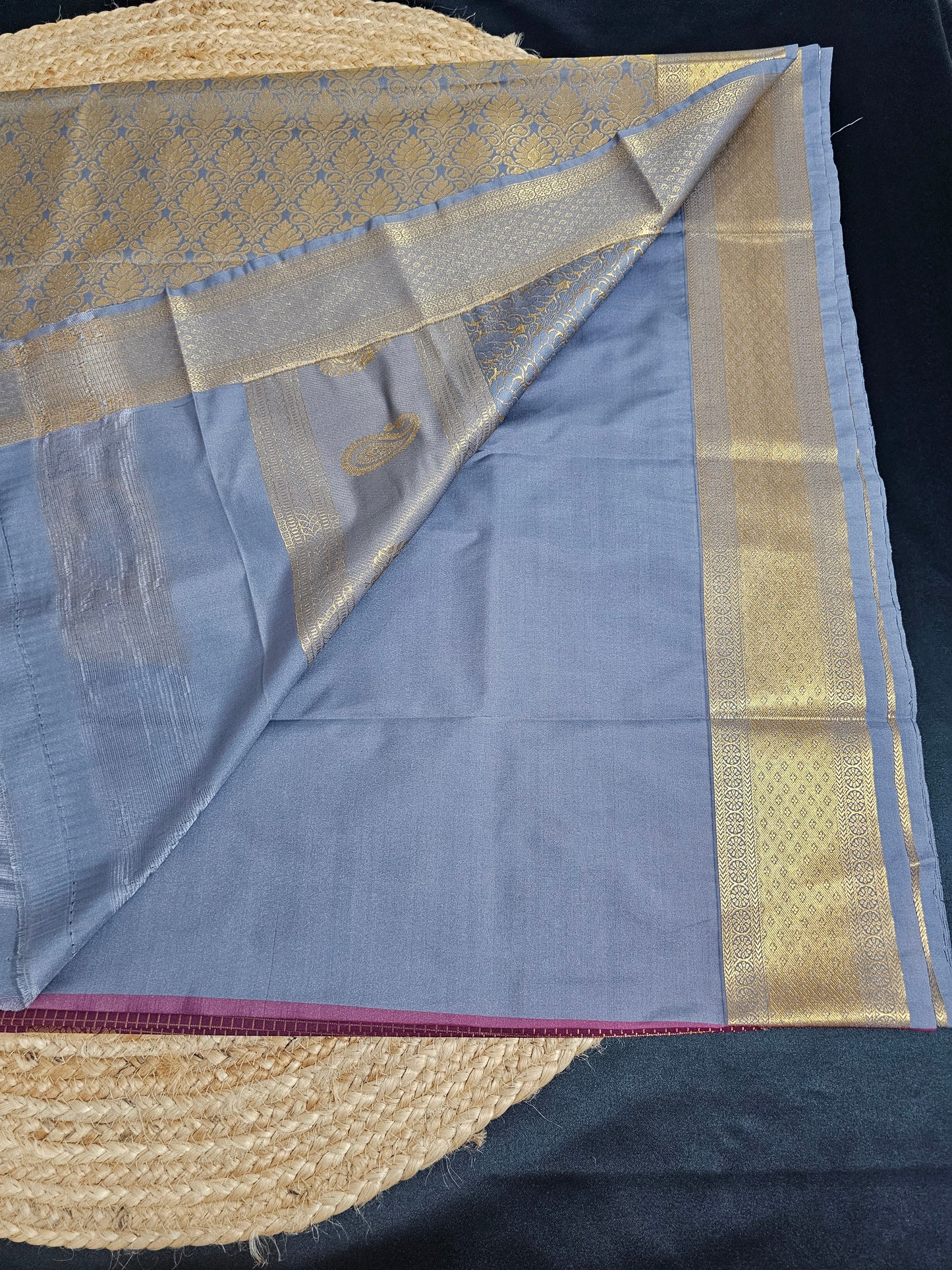 Maroon and grey check saree