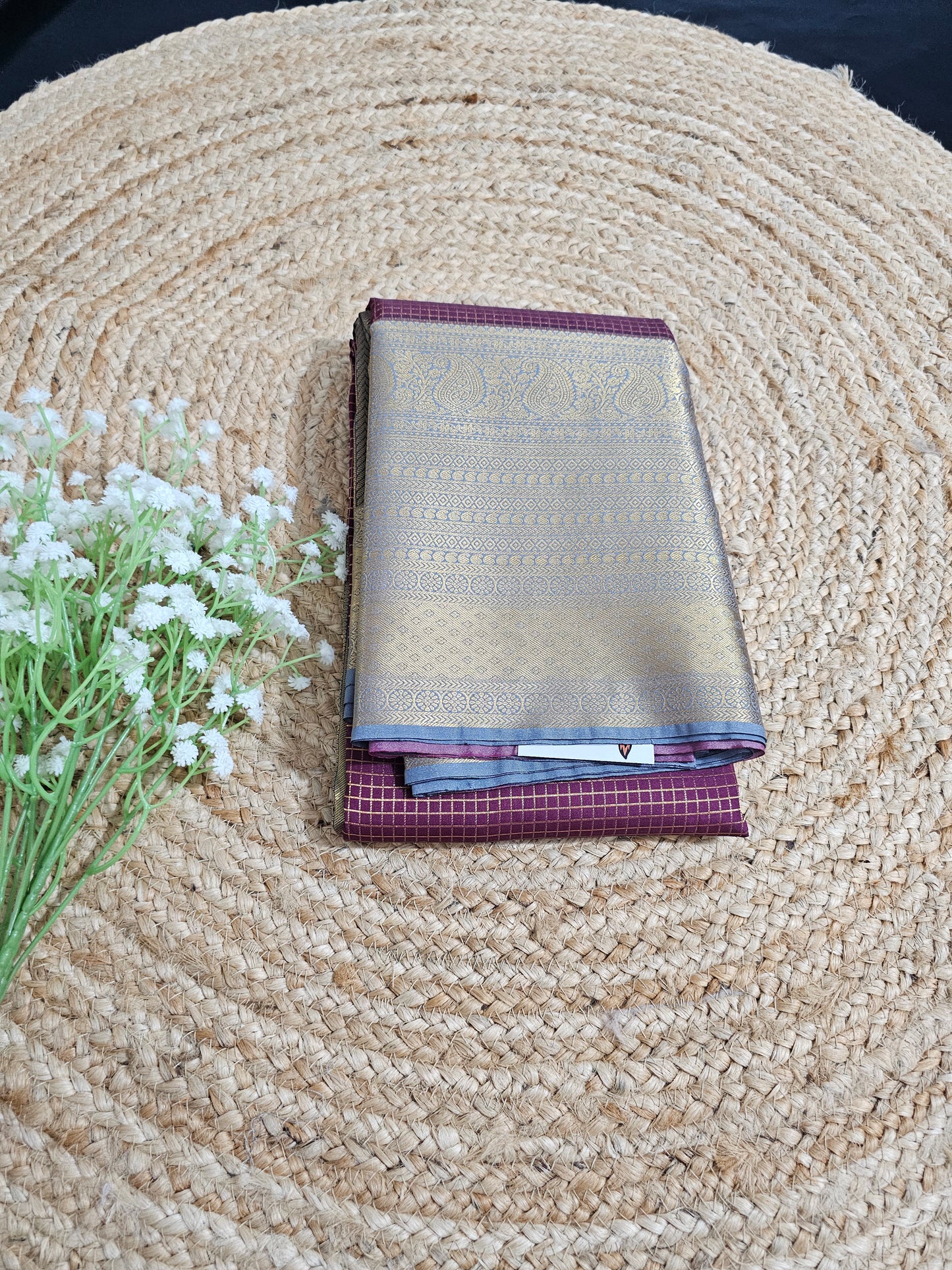 Maroon and grey check saree
