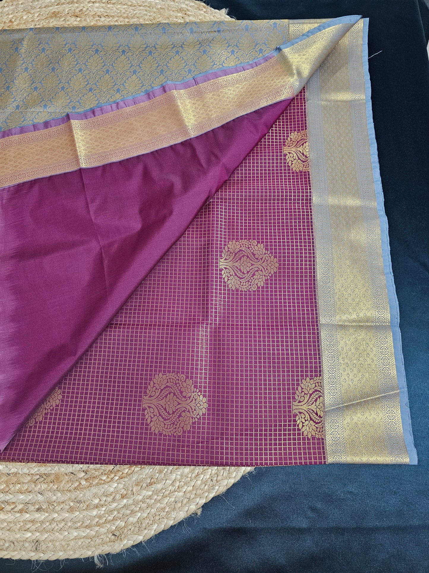 Maroon and grey check saree