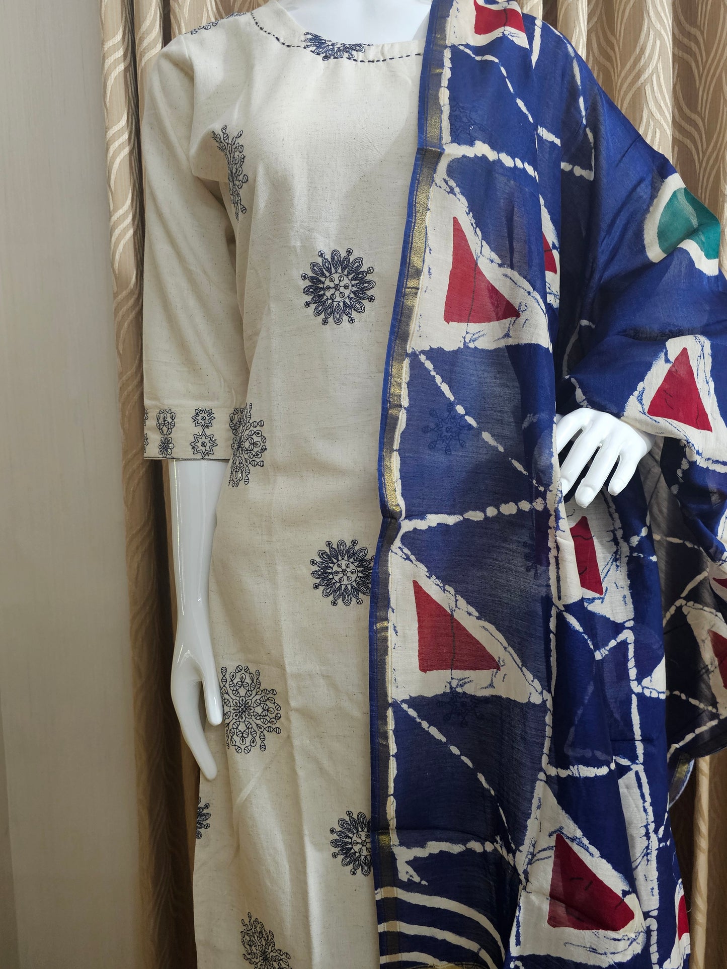 Off white and blue churidhar set
