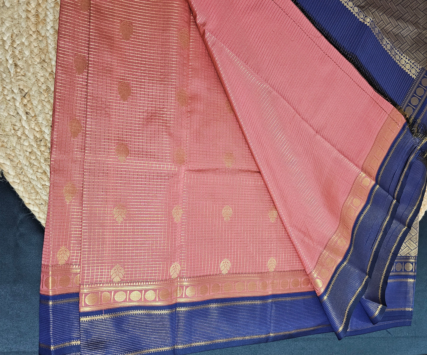 Peach and blue check saree