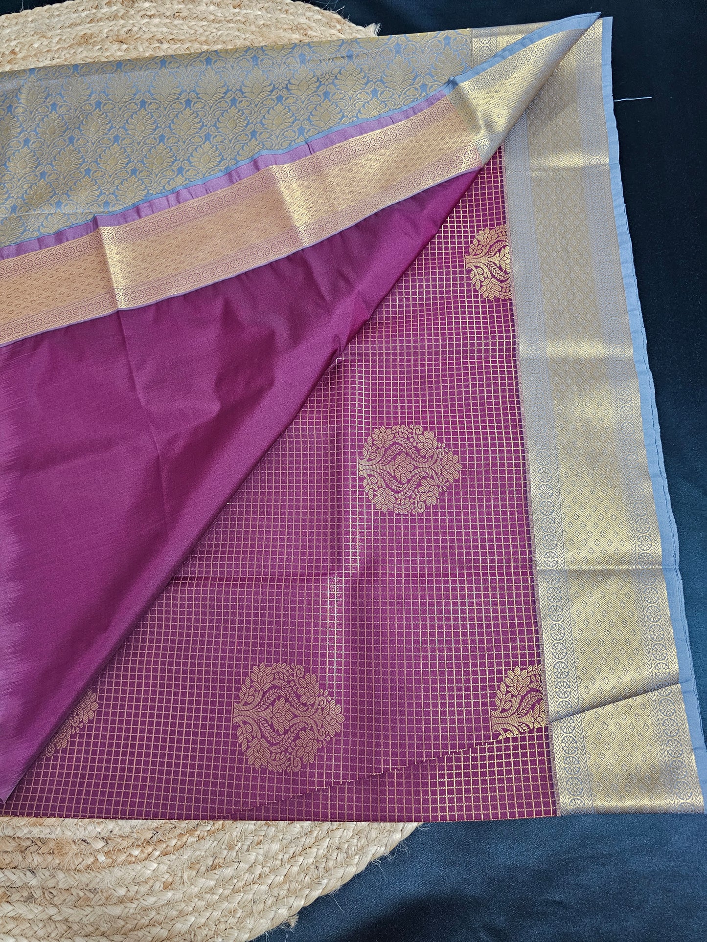 Maroon and grey check saree