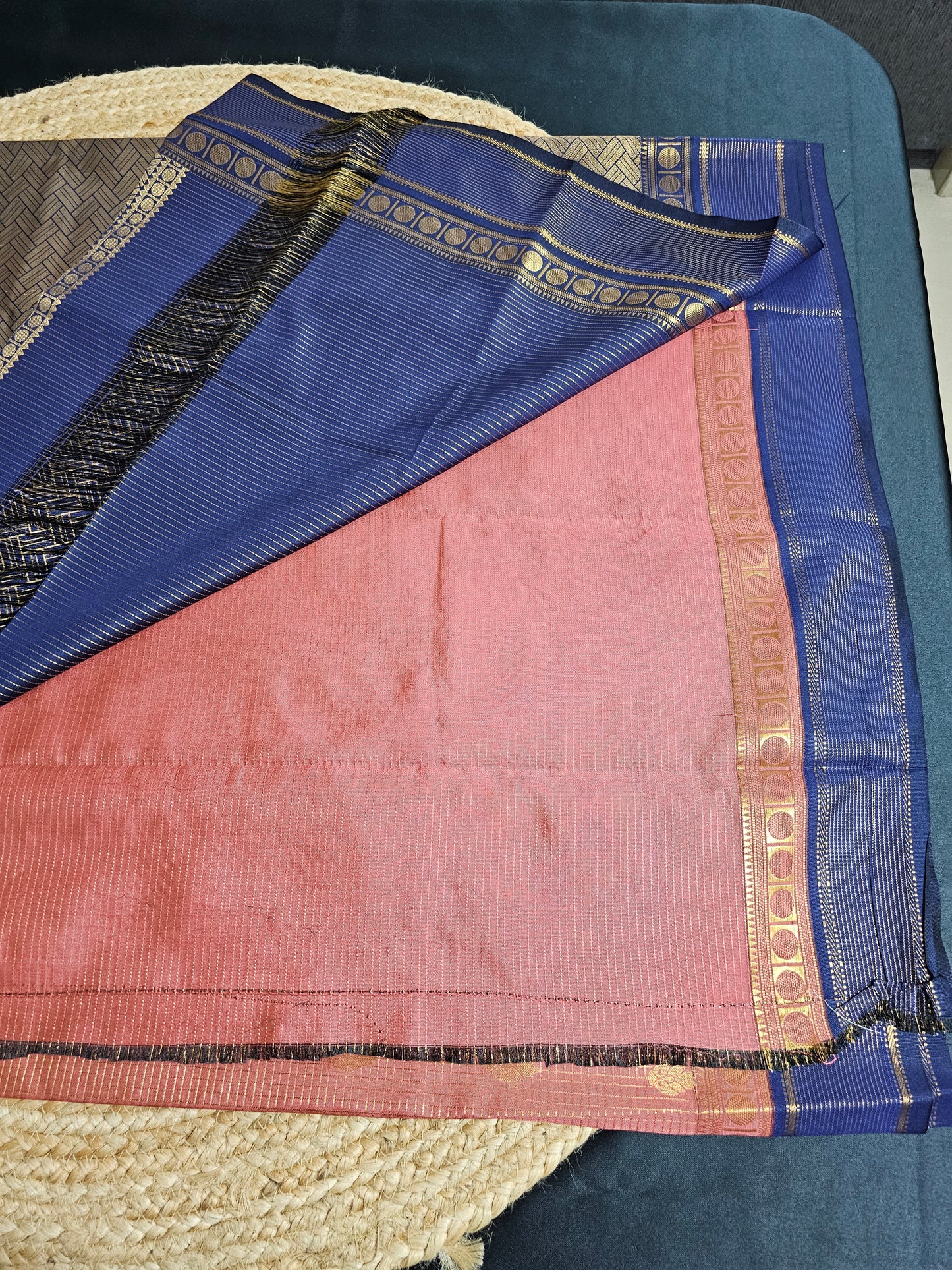 Peach and blue check saree