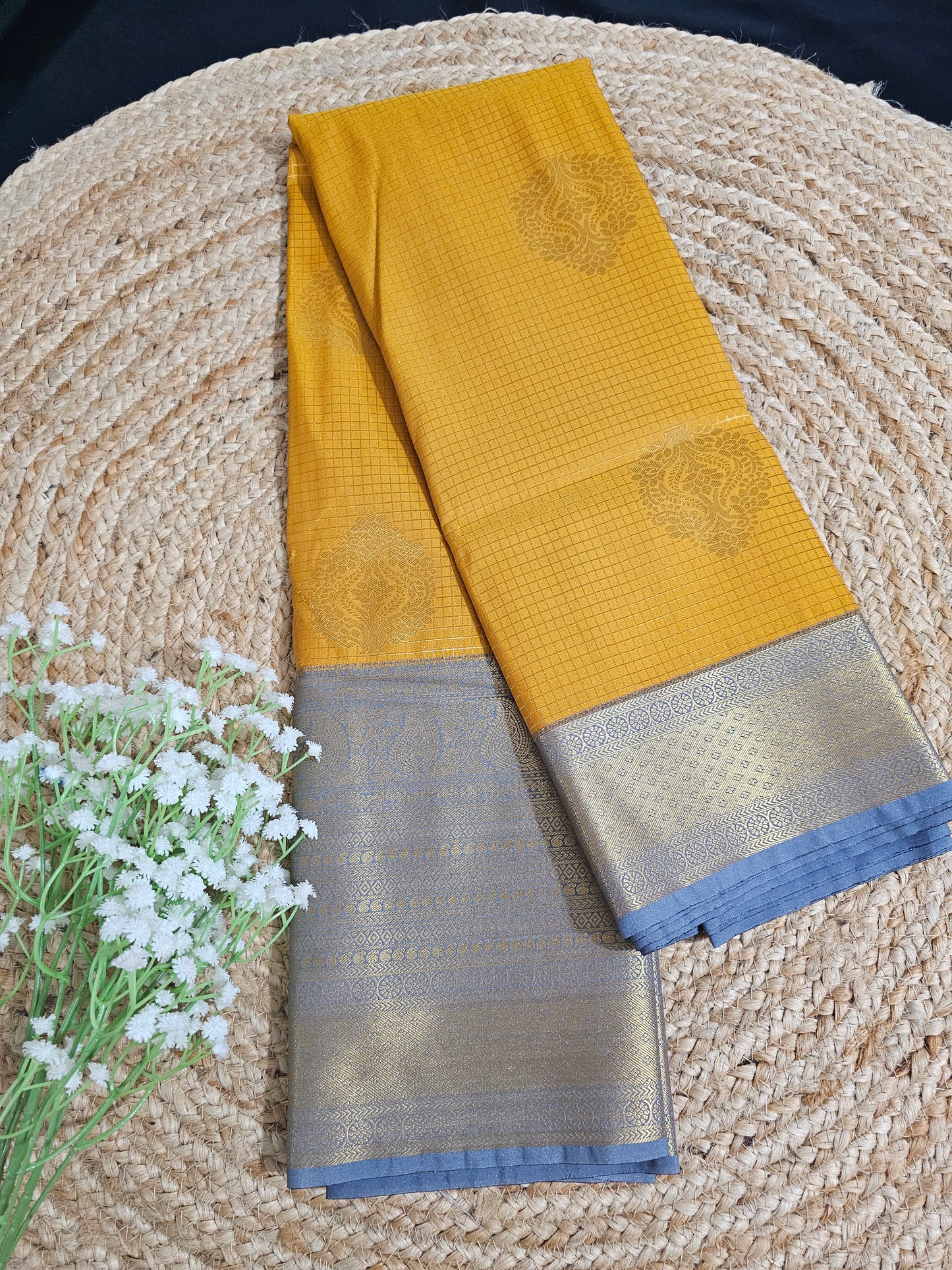 Mustard yellow and grey traditional checks