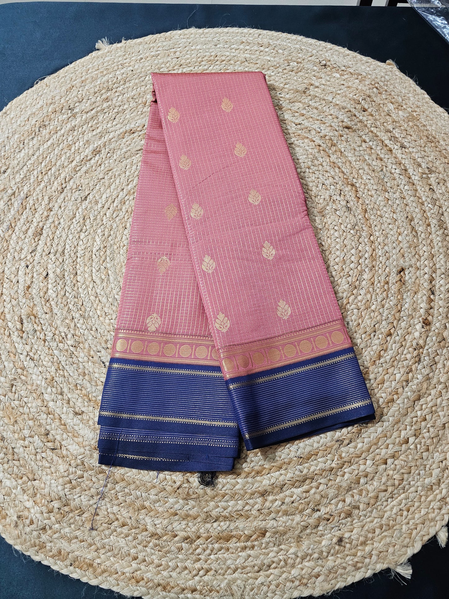 Peach and blue check saree